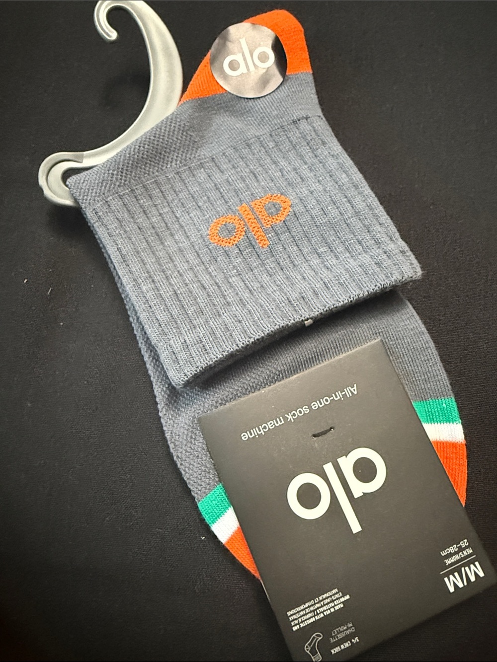 ALO Yoga  Gray Athletic Crew Socks with Orange & Green Stripes